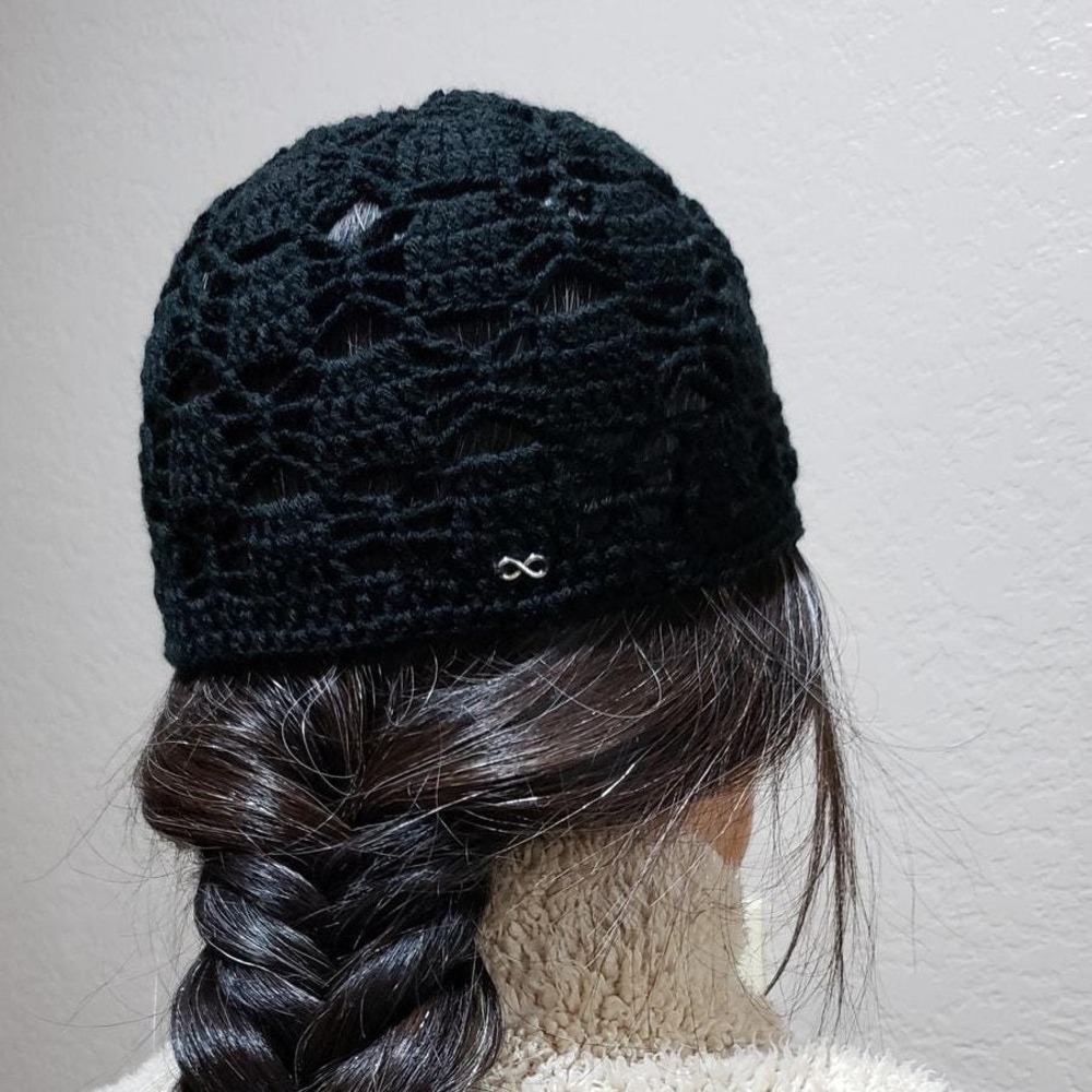 Handmade Crochet Chain Mesh Beanie Knit Cottage Mystic Emo Whimsigoth Black